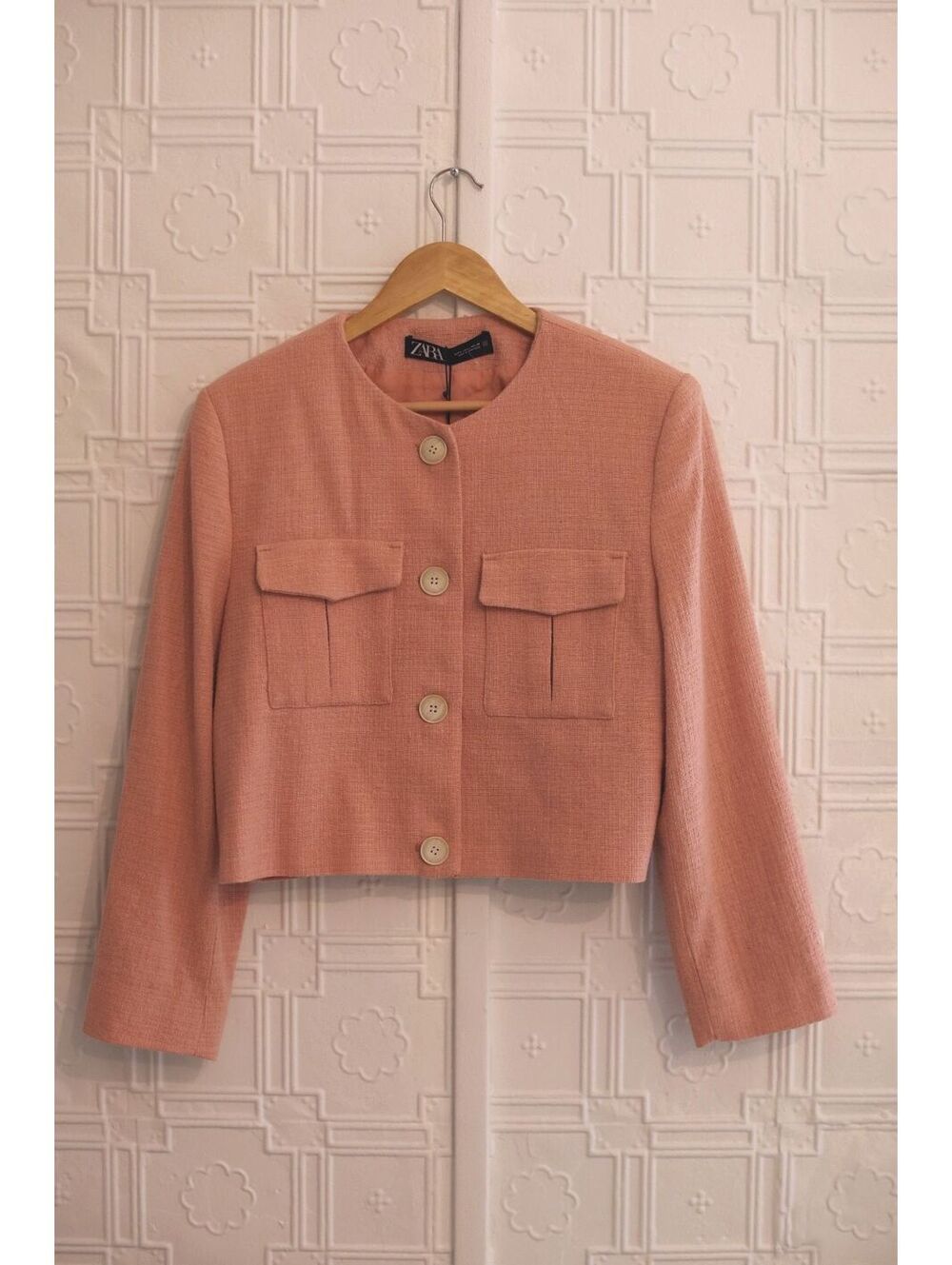 Zara Pink Textured Cropped Jacket with Button Closure